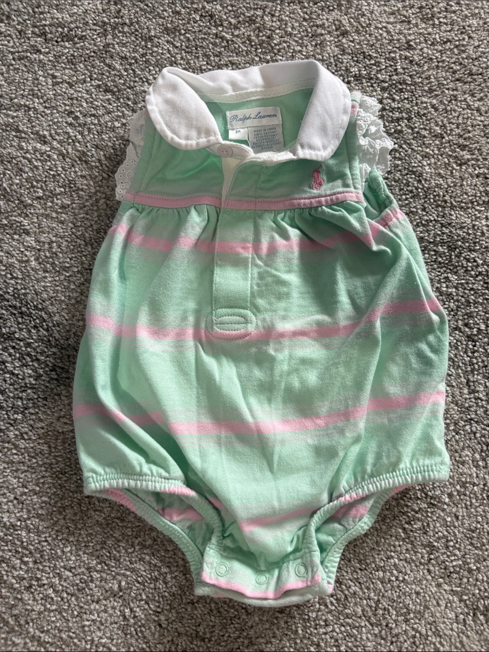 Ralph Lauren Mint and Pink Striped Baby Bubble Romper